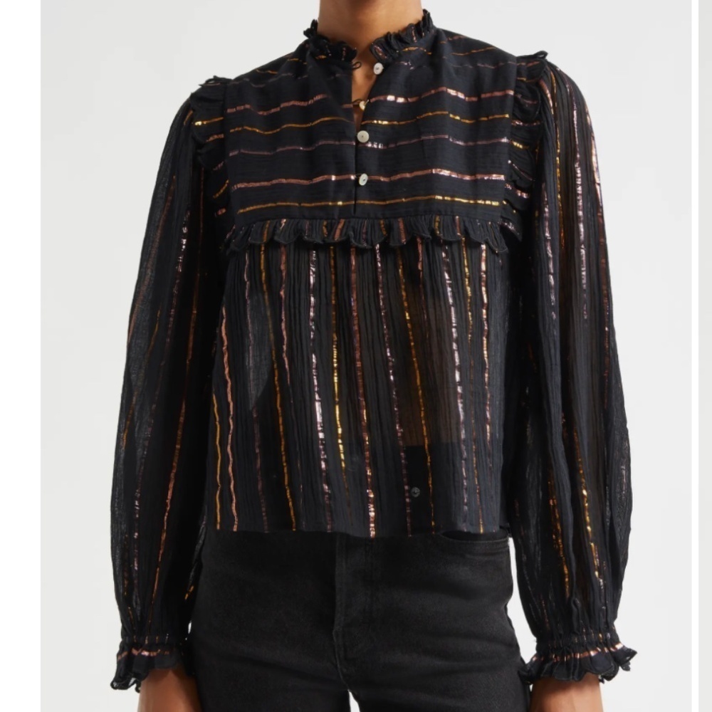 Farm Rio Metallic Stripped Ruffle Shirt Black Size Small NWT